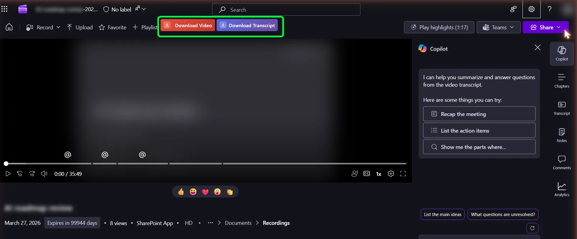 Download Video and Download Transcript buttons injected into SharePoint Stream's command bar