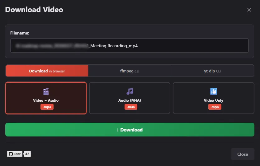 Three tools (in-browser · ffmpeg · yt-dlp) · five formats. Filename auto-derived, editable.
